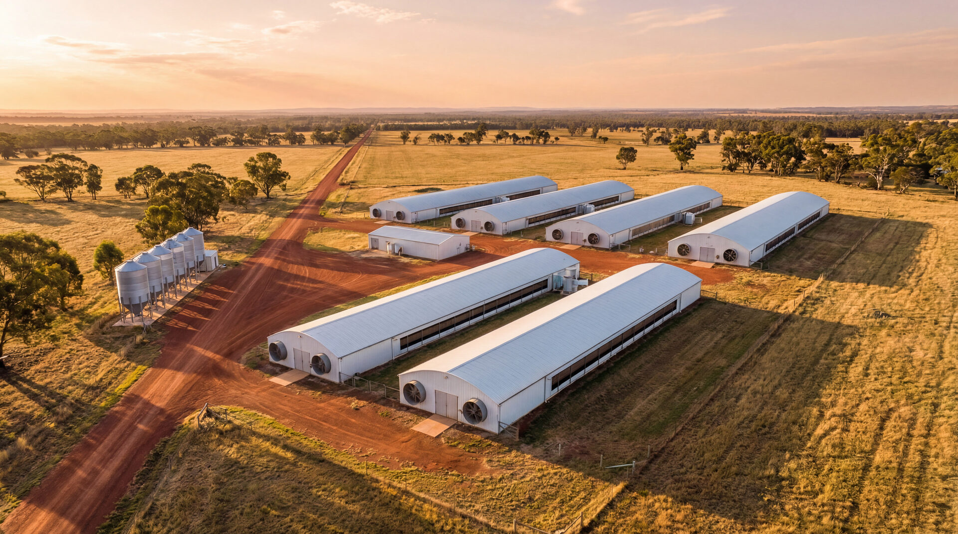 Aerial view of a modern Australian pig farm at sunset with multiple barns and feed silos