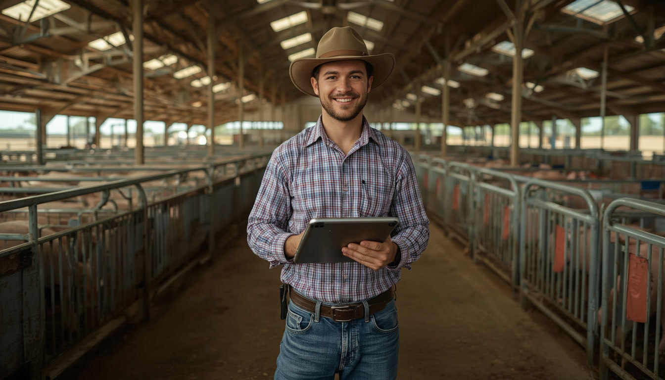 Australian pig farmer wearing an Akubra hat, holding a tablet in a modern grower shed
