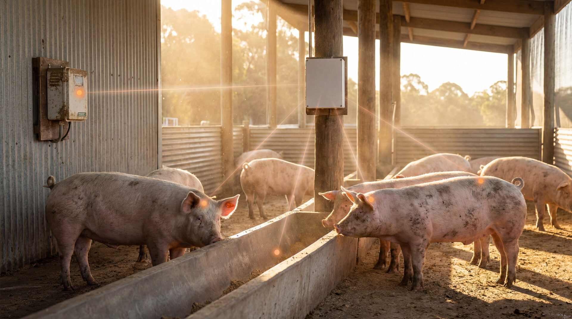 Modern Australian pig barn showing the connected SwineSense ecosystem: ear tag sensors, environmental monitoring, feed sensors and IoT gateway