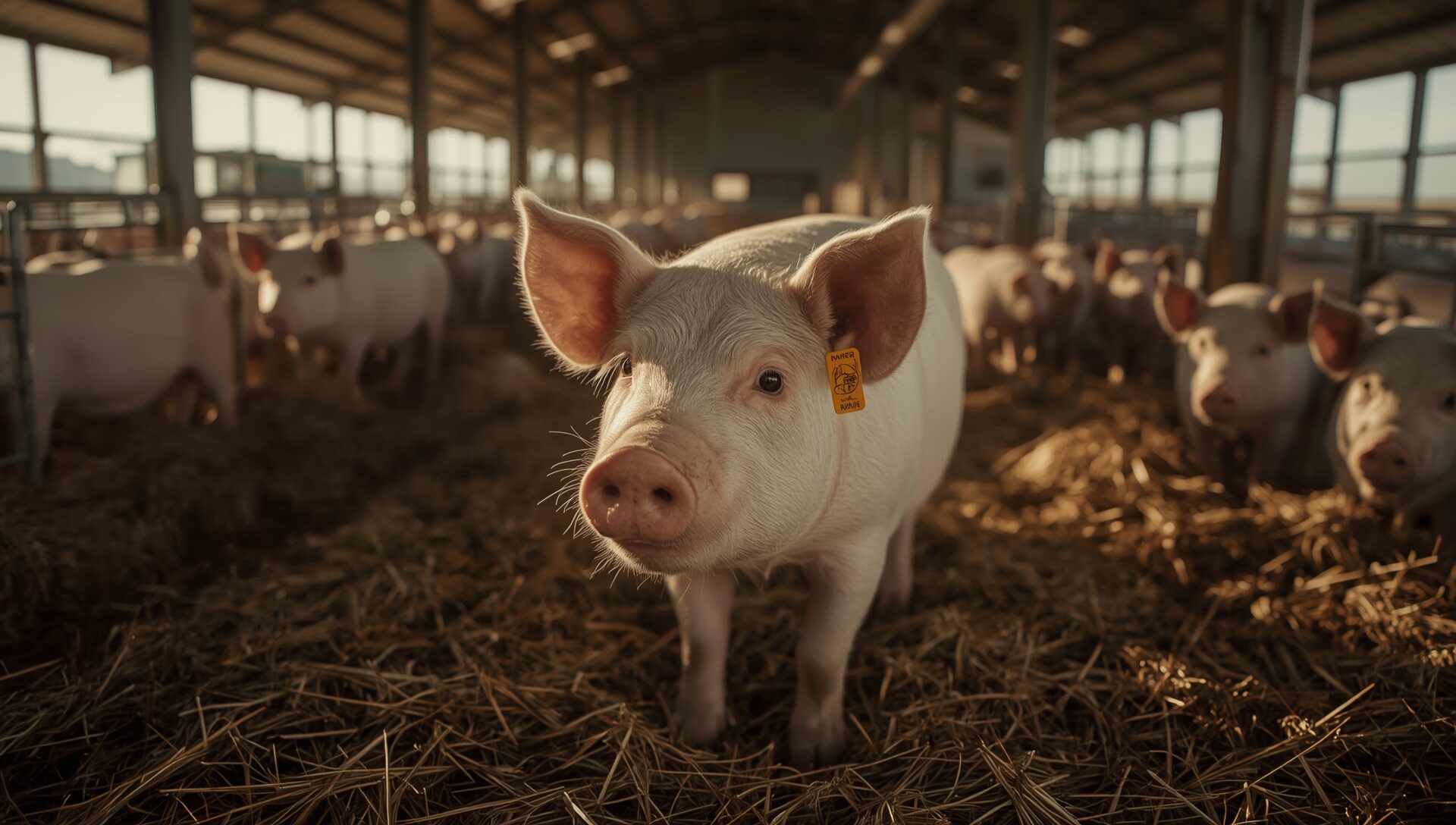 Healthy Large White pig with clean yellow electronic ear tag sensor in a modern Australian piggery