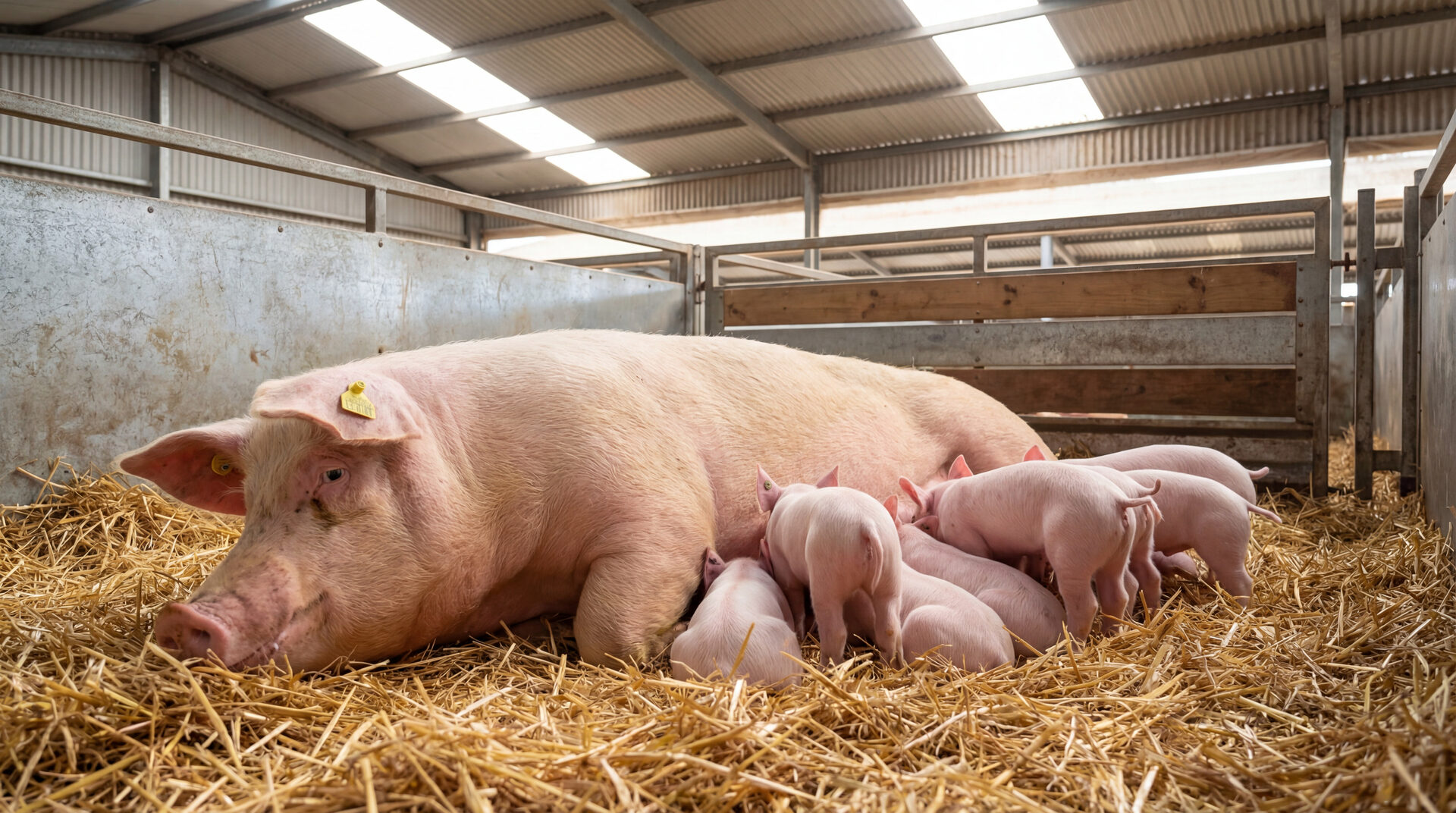Healthy sow with piglets on fresh straw bedding in a modern Australian farrowing pen