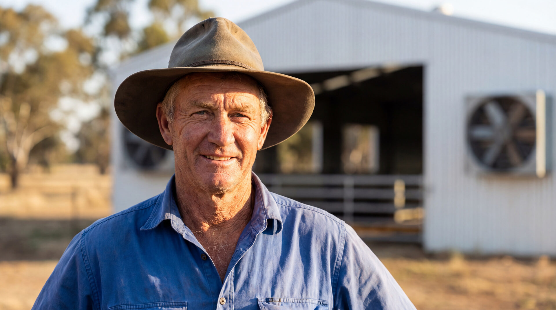 Australian pig farmer standing in front of his piggery
