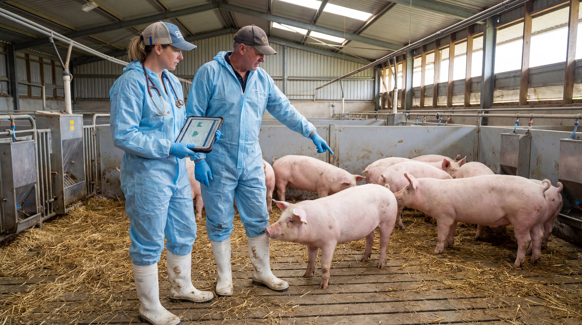 Australian pig veterinarian and farm manager reviewing animal data on a tablet inside a grower pen
